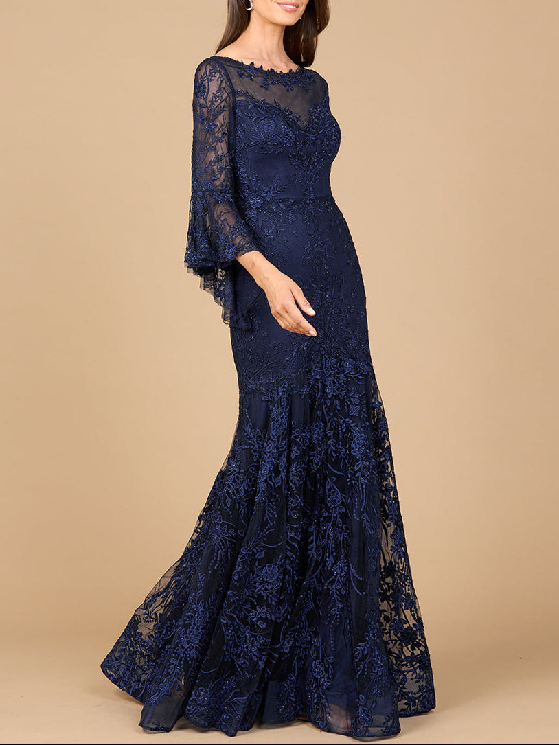 Illusion Neck, Long Bell Sleeve Gown by Lara New York
