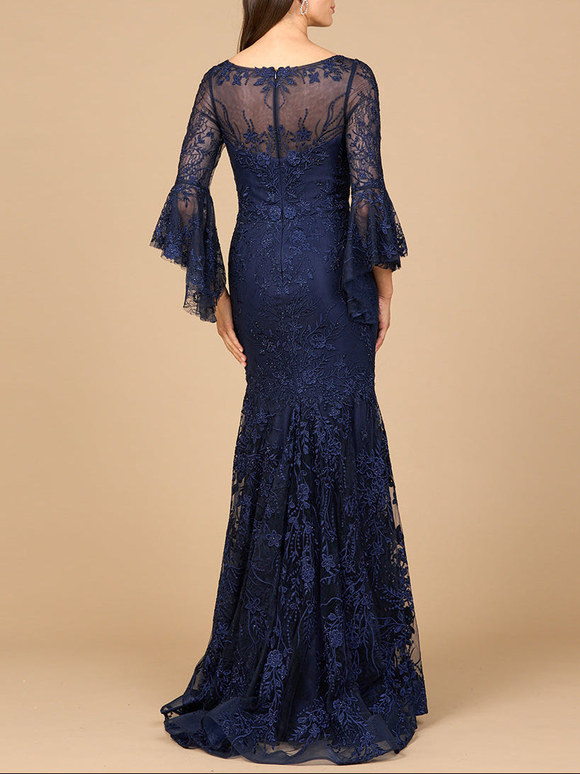 Illusion Neck, Long Bell Sleeve Gown by Lara New York