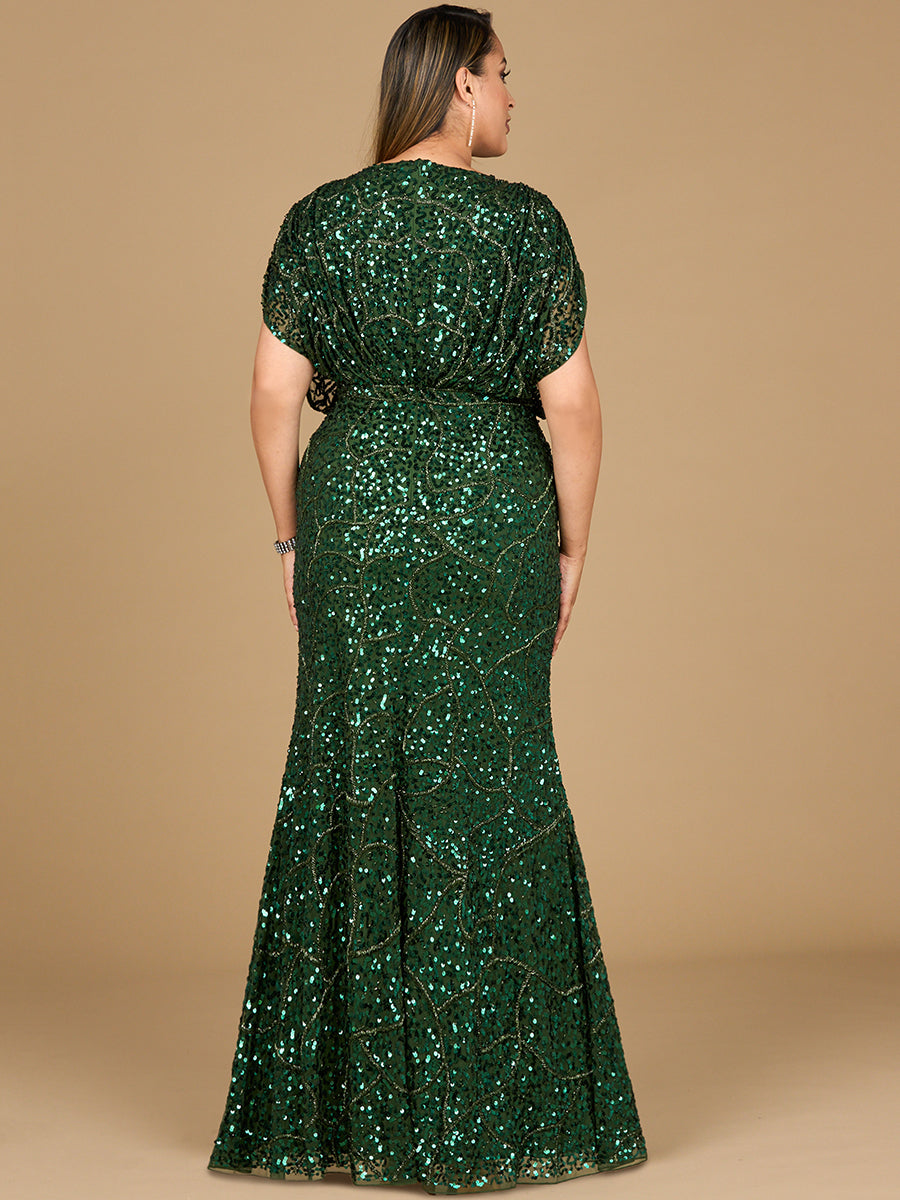 Beaded Gown with Draped Cape Sleeves by Lara New York