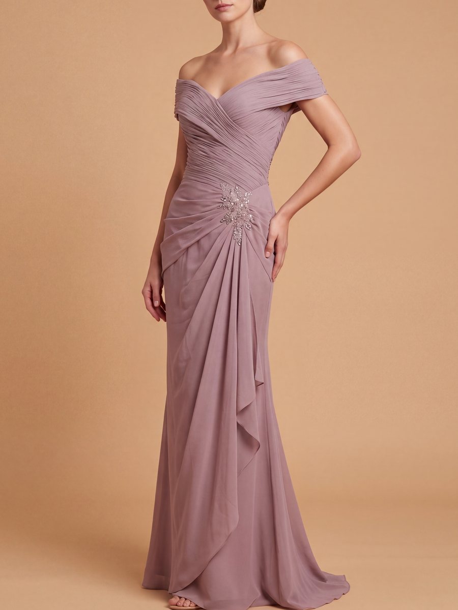 Off Shoulder Elegant Chiffon Gown by Lara New York