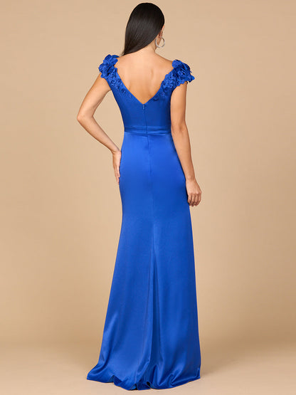 V-Neck, Satin Backed Crepe Gown by Lara New York