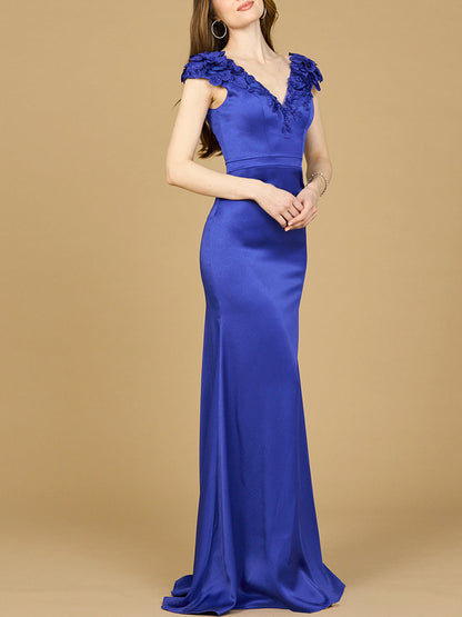 V-Neck, Satin Backed Crepe Gown by Lara New York
