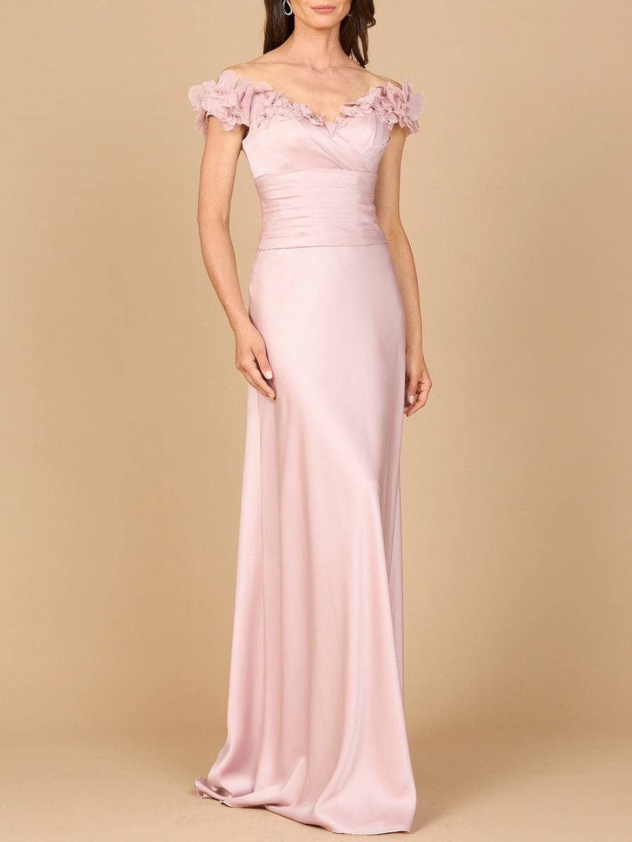 Off Shoulder Satin Gown by Lara New York