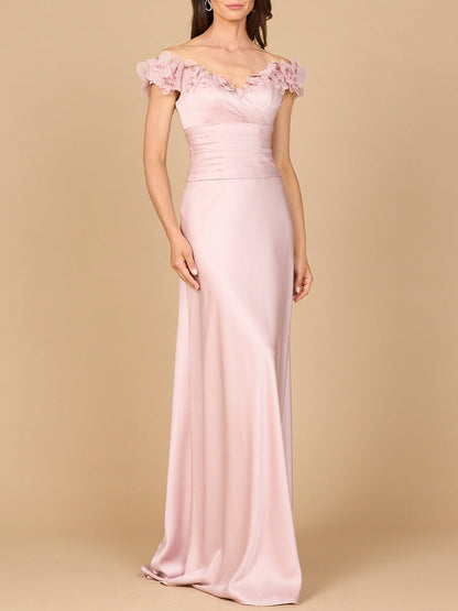 Off Shoulder Satin Gown by Lara New York