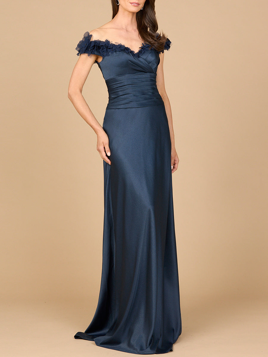 Off Shoulder Satin Gown by Lara New York