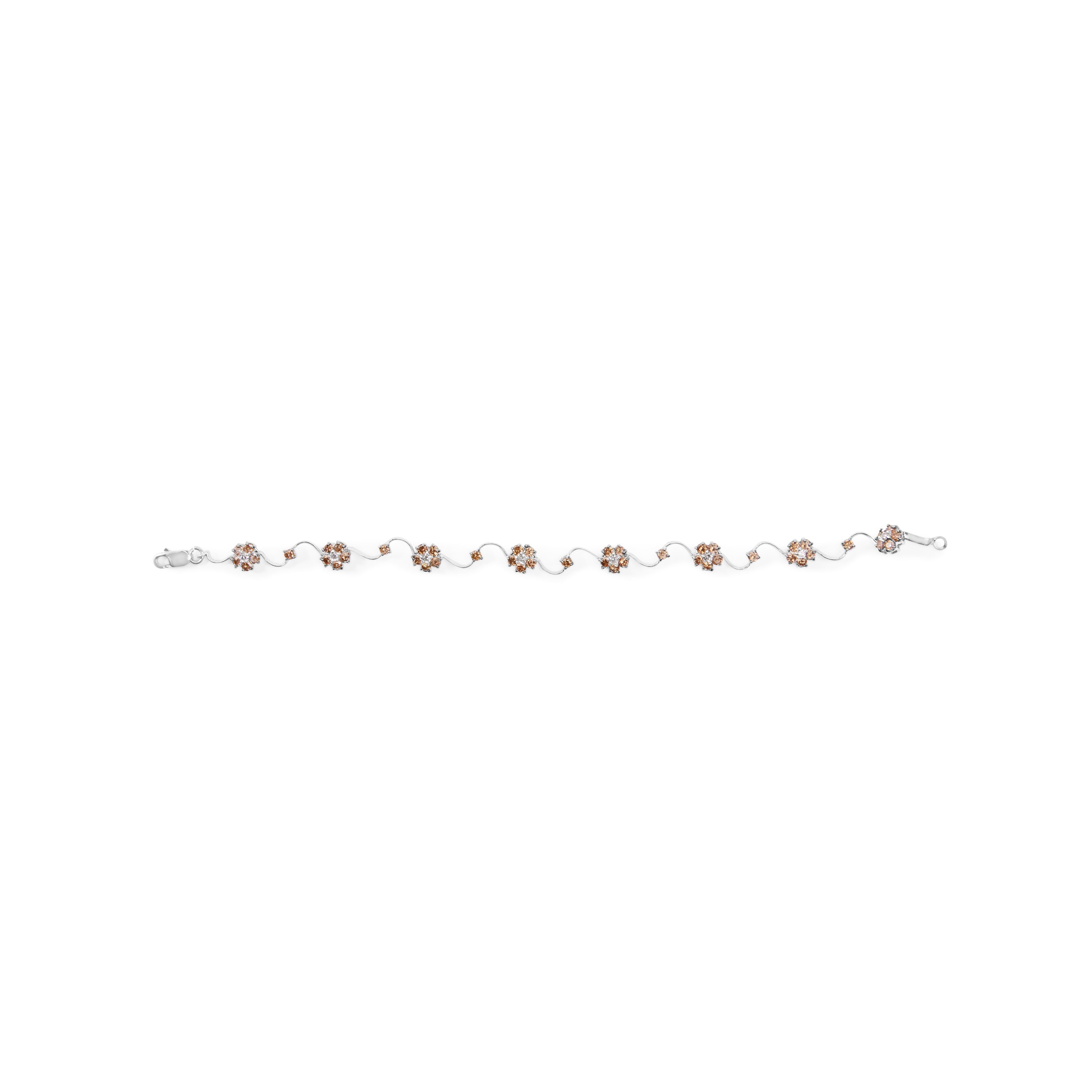 10K White Gold 4.0 Cttw Champagne and White Diamond Floral Cluster and Station Link Bracelet (H-I Color, SI2-I1 Clarity) - 7" Inches by Bids.com