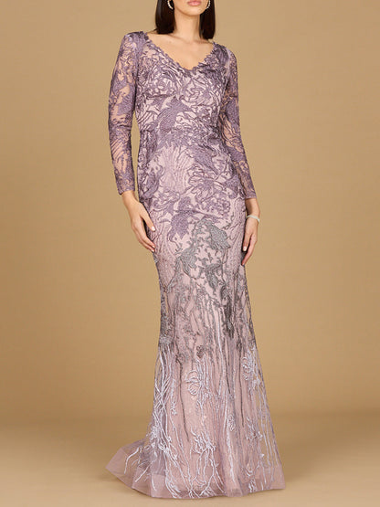 Long Sleeve V-Neck Mermaid Gown by Lara New York