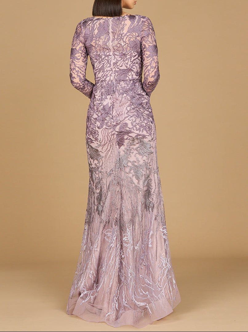 Long Sleeve V-Neck Mermaid Gown by Lara New York