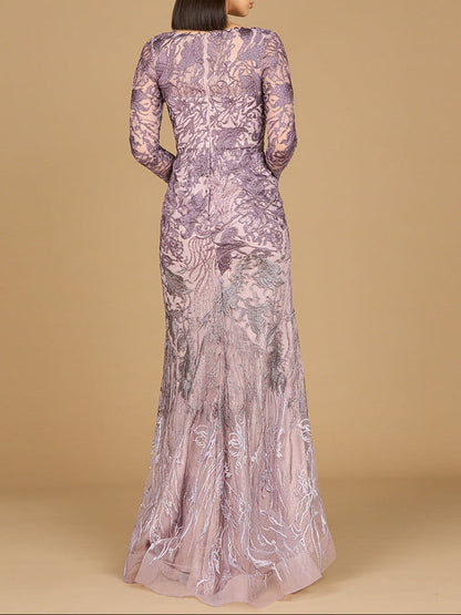 Long Sleeve V-Neck Mermaid Gown by Lara New York