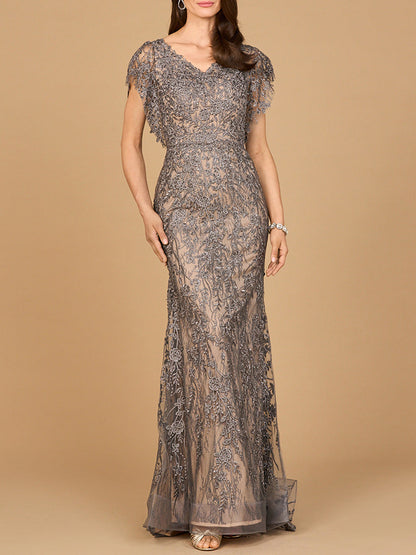 Cap Sleeve Mermaid V-neck Gown by Lara New York