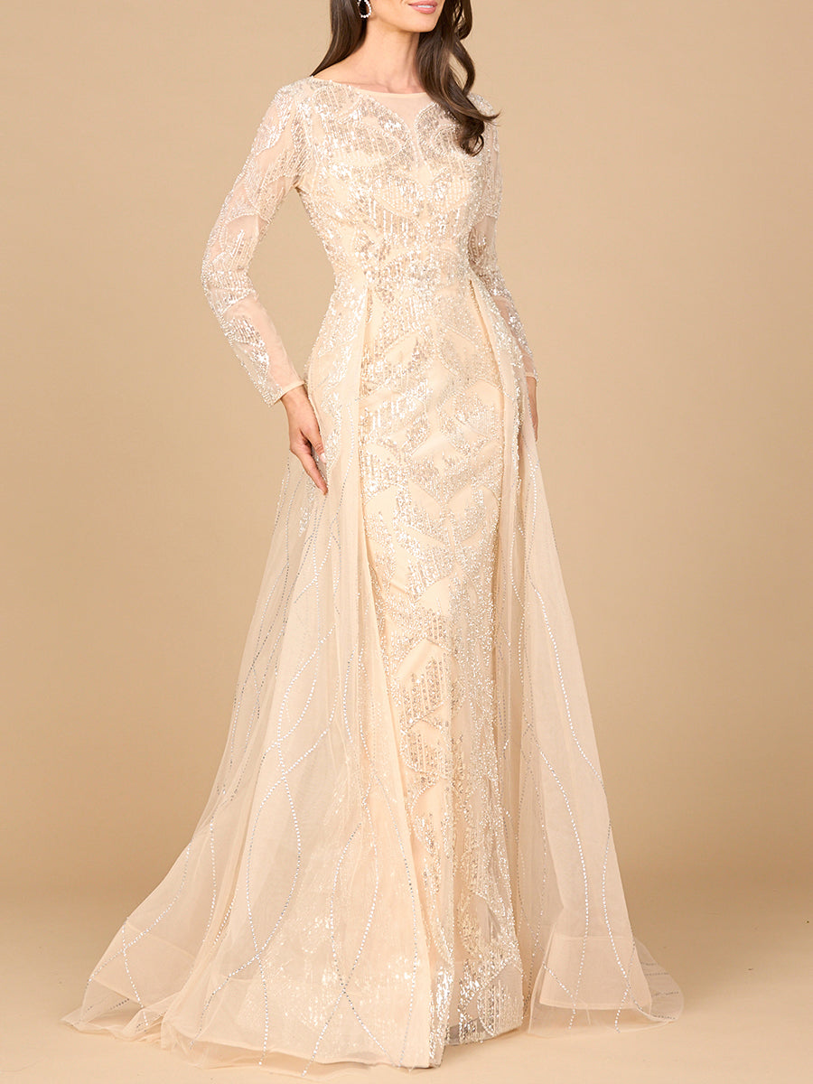 Long Sleeve Gown with Overskirt &amp; High Neck by Lara New York