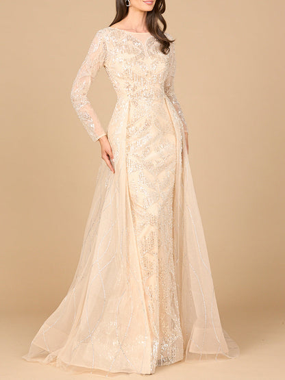 Long Sleeve Gown with Overskirt &amp; High Neck by Lara New York