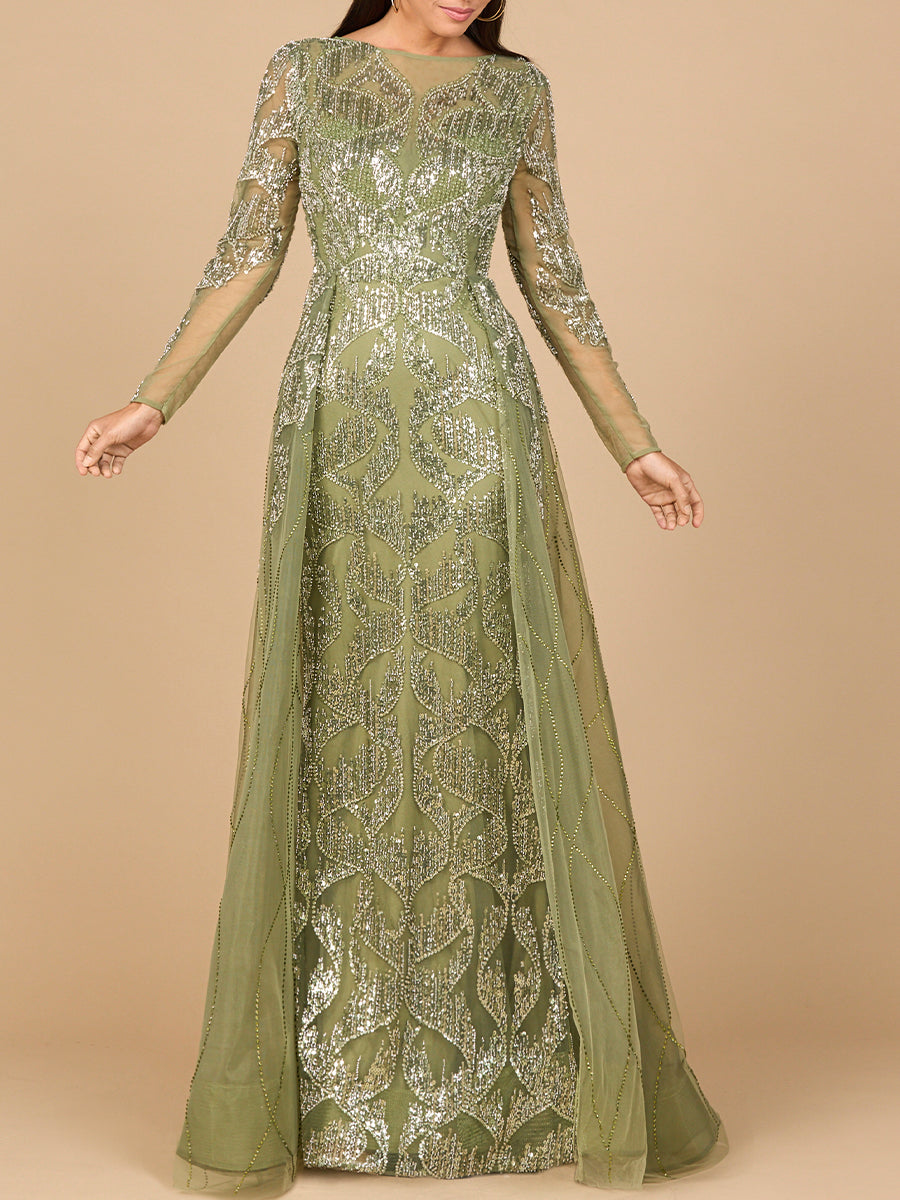 Long Sleeve Gown with Overskirt &amp; High Neck by Lara New York