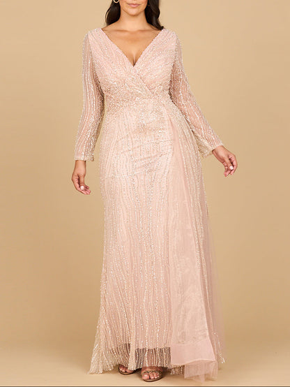 Long Sleeve V-Neck Gown with Drape by Lara New York