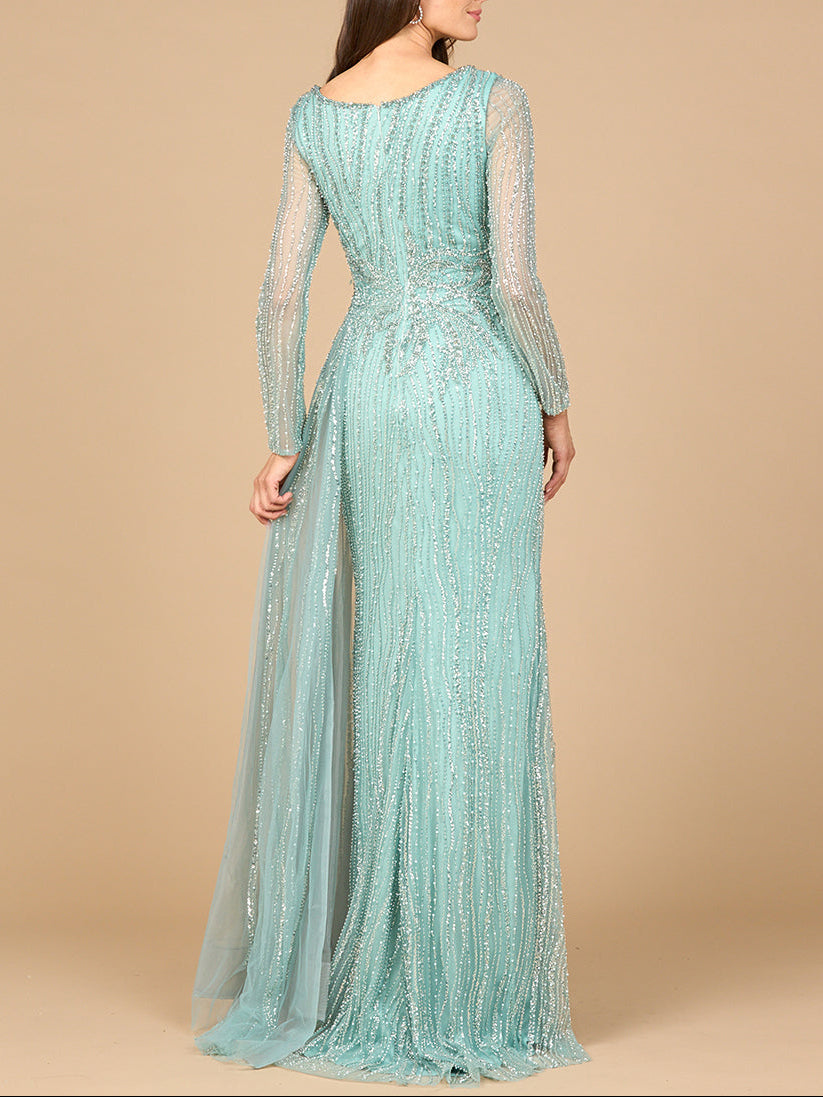 Long Sleeve V-Neck Gown with Drape by Lara New York