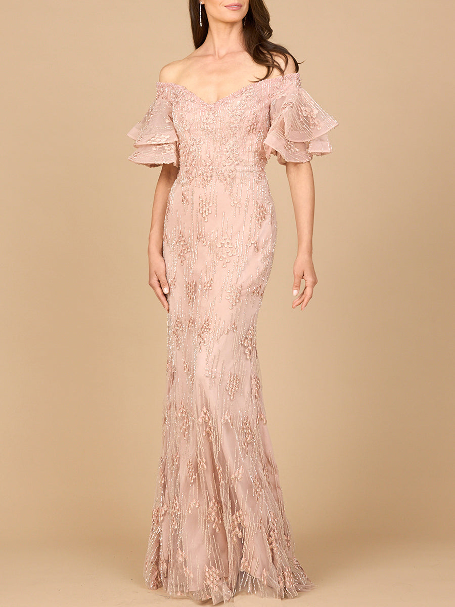 Off Shoulder Mermaid Gown with Tiered Sleeves by Lara New York