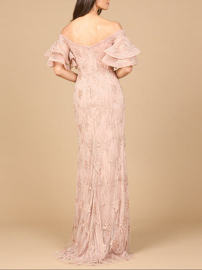 Off Shoulder Mermaid Gown with Tiered Sleeves by Lara New York