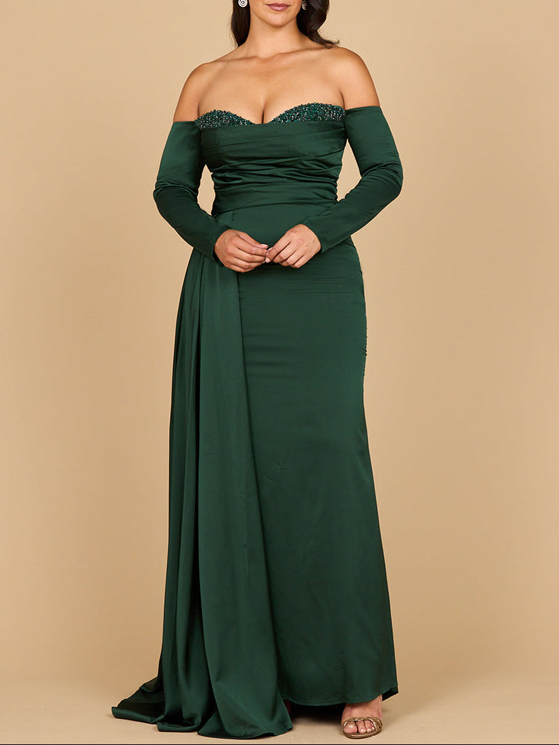 Lara 28936 - Off Shoulder Satin Dress with Beaded Details by Lara New York