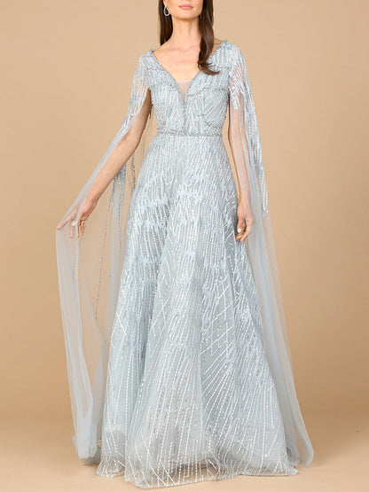 Embellished Gown with Cape Sleeves by Lara New York