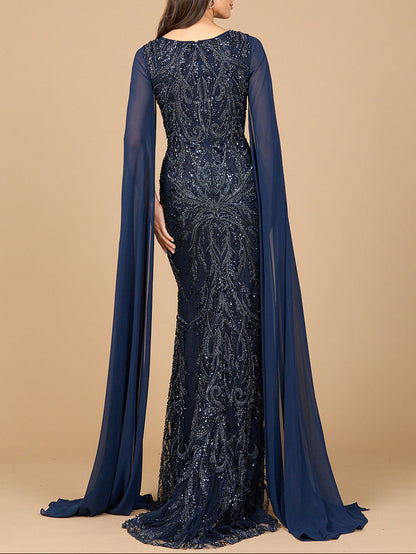 High Neck Gown with Chiffon Cape Sleeves by Lara New York