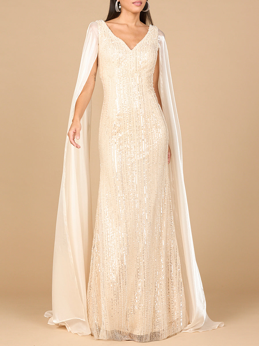 Beaded Gown with Satin Cape Sleeves by Lara New York
