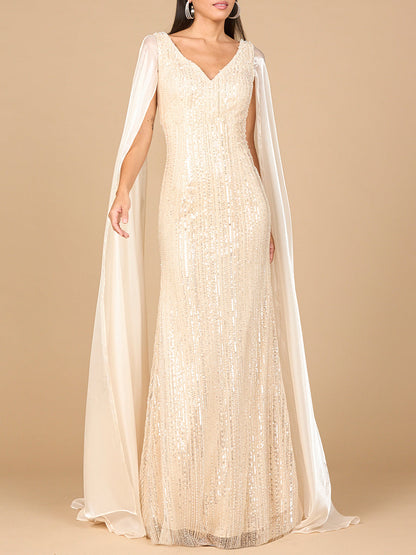 Beaded Gown with Satin Cape Sleeves by Lara New York