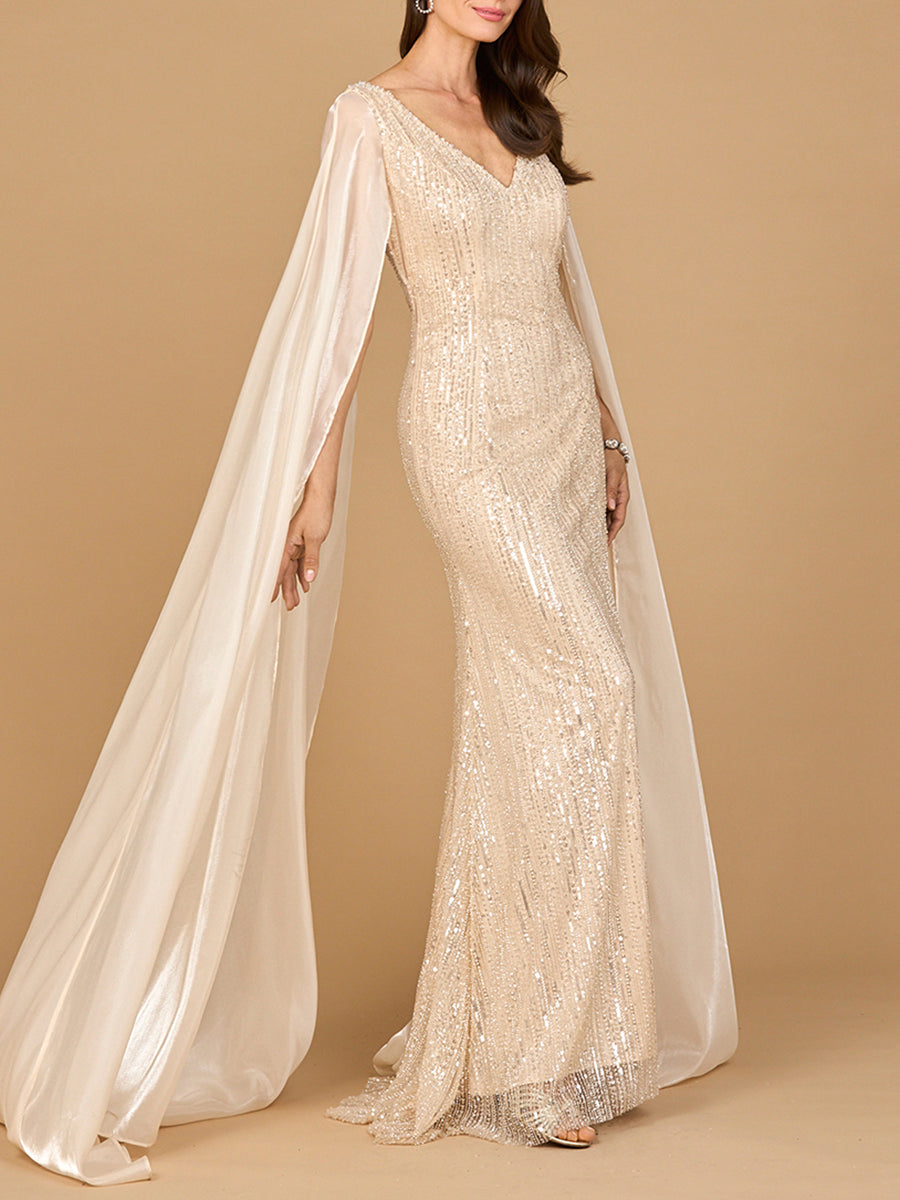 Beaded Gown with Satin Cape Sleeves by Lara New York