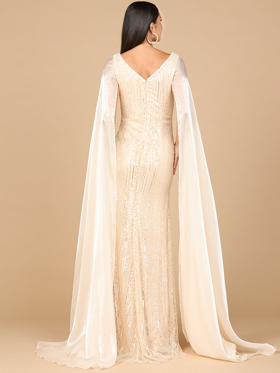 Beaded Gown with Satin Cape Sleeves by Lara New York