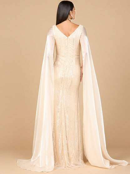 Beaded Gown with Satin Cape Sleeves by Lara New York