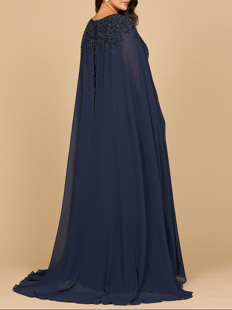 Lara 28943- Chiffon A-line Long Gown with Long Cape Sleeves by Lara New York