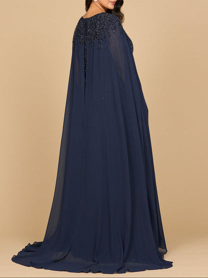 Lara 28943- Chiffon A-line Long Gown with Long Cape Sleeves by Lara New York