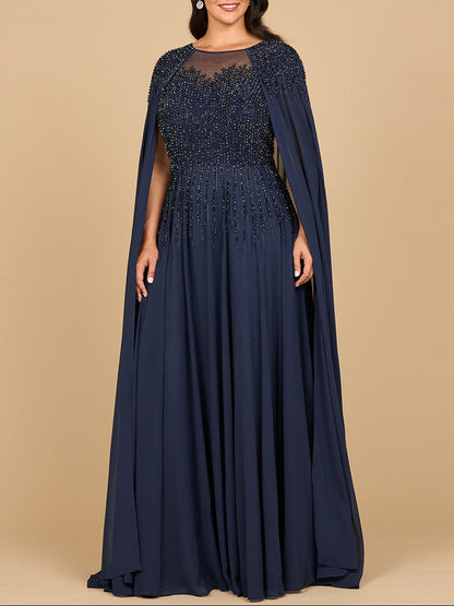Lara 28943- Chiffon A-line Long Gown with Long Cape Sleeves by Lara New York