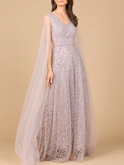 Beaded Lace Gown with Cape Sleeves by Lara New York