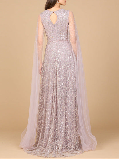 Beaded Lace Gown with Cape Sleeves by Lara New York