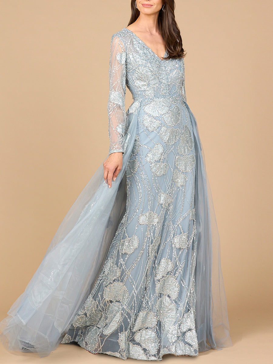 Long Sleeve Lace Gown with Overskirt by Lara New York