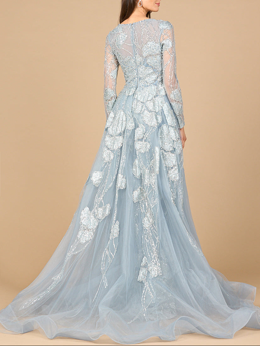 Long Sleeve Lace Gown with Overskirt by Lara New York