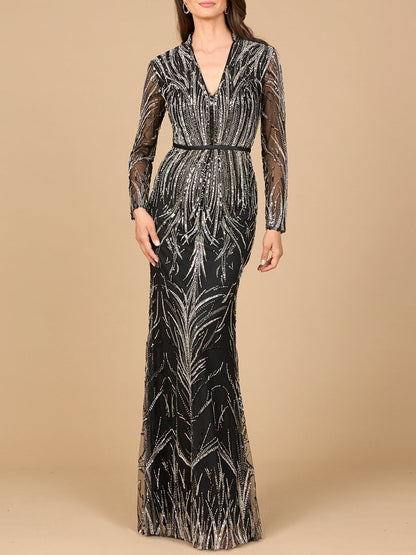 Mandarin V-Neck Gown with Long Sleeves by Lara New York