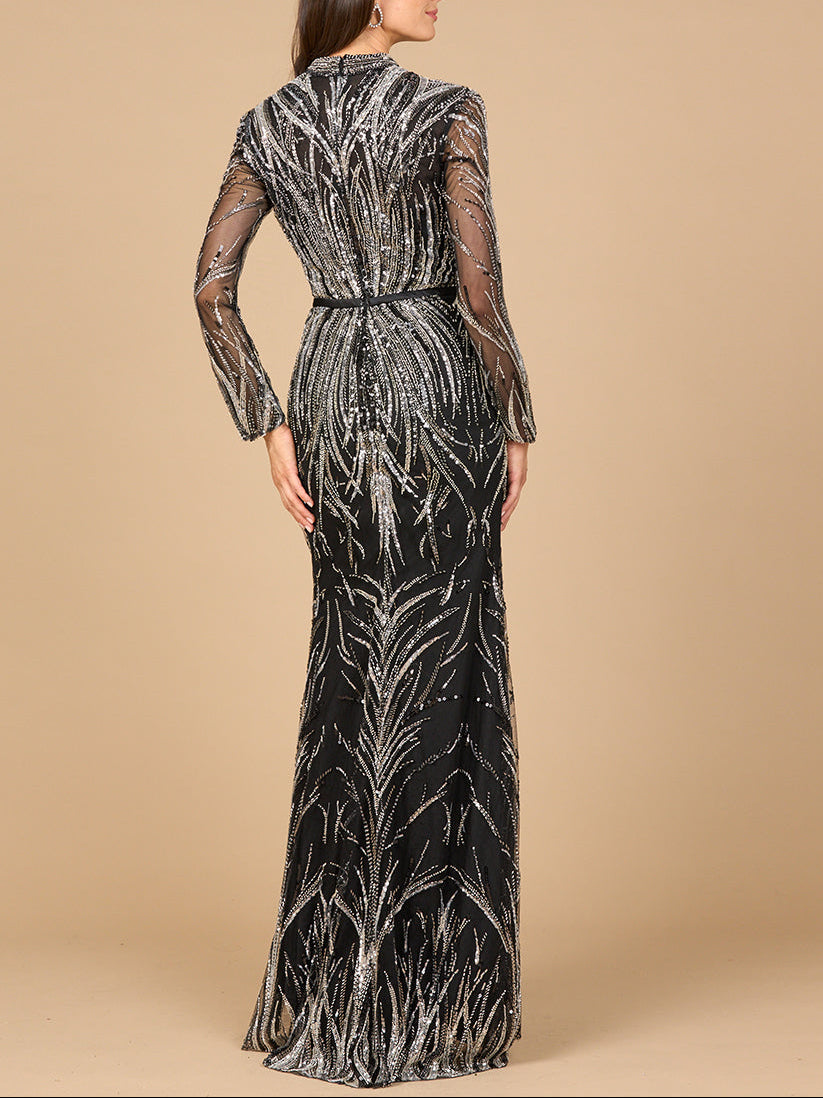 Mandarin V-Neck Gown with Long Sleeves by Lara New York