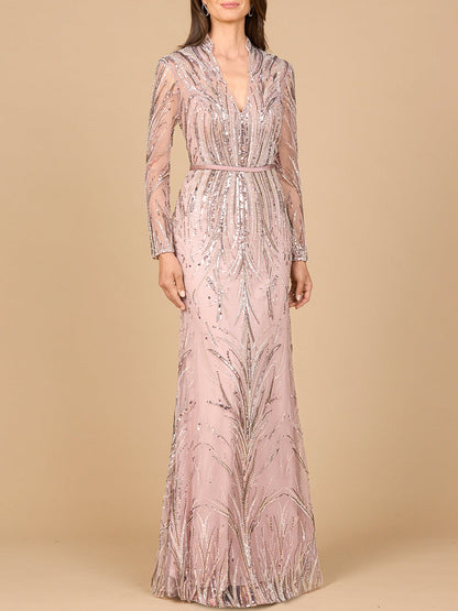 Mandarin V-Neck Gown with Long Sleeves by Lara New York