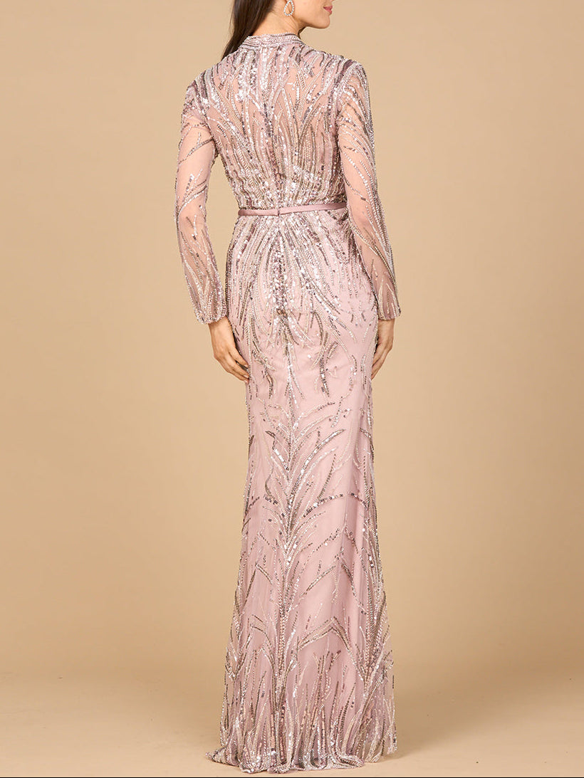 Mandarin V-Neck Gown with Long Sleeves by Lara New York