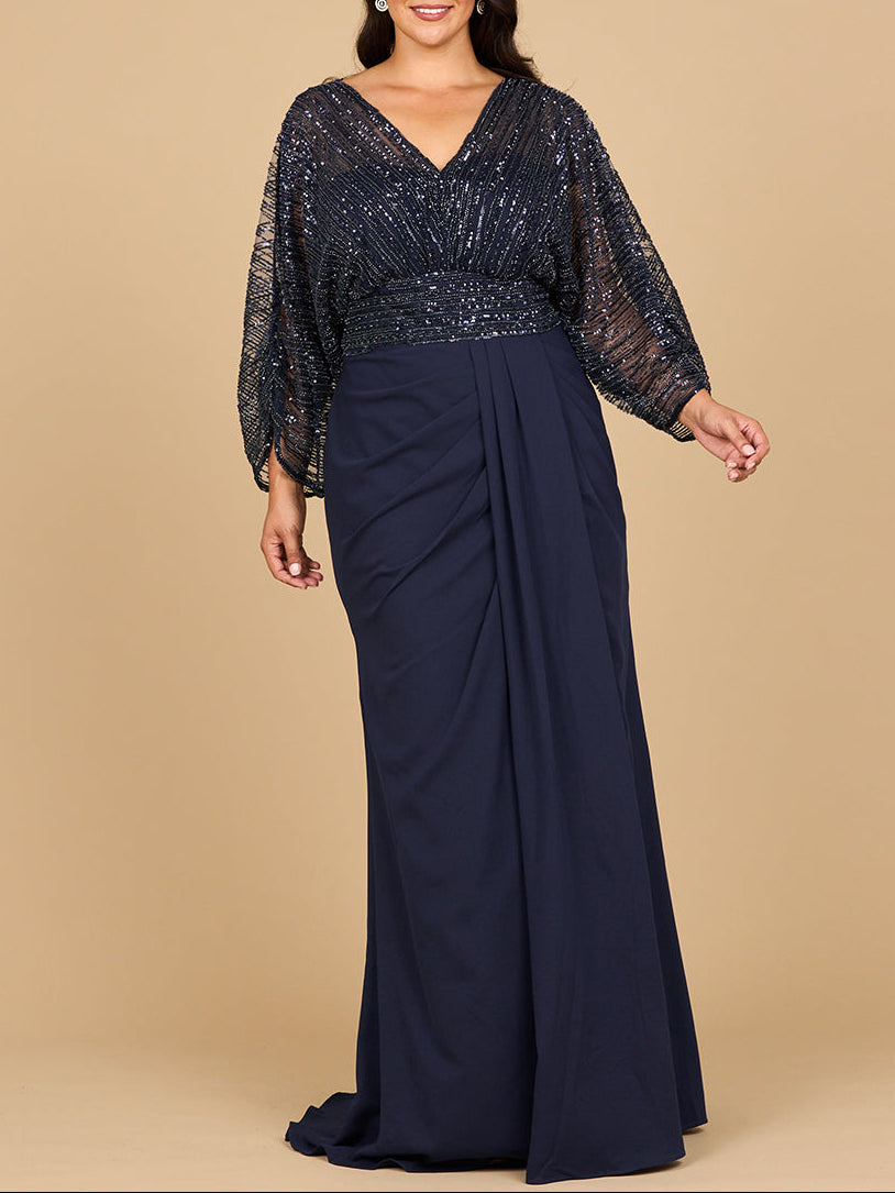 Lara 28950- Draped Skirt Gown with Cape Sleeves by Lara New York