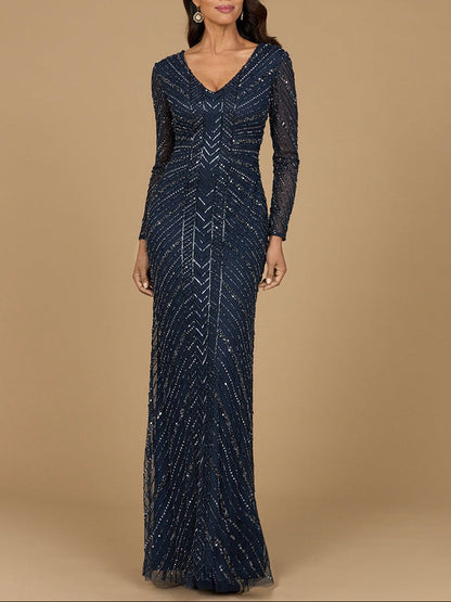Long Sleeve Linear Focus Beaded Gown by Lara New York