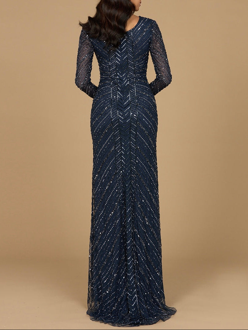 Long Sleeve Linear Focus Beaded Gown by Lara New York