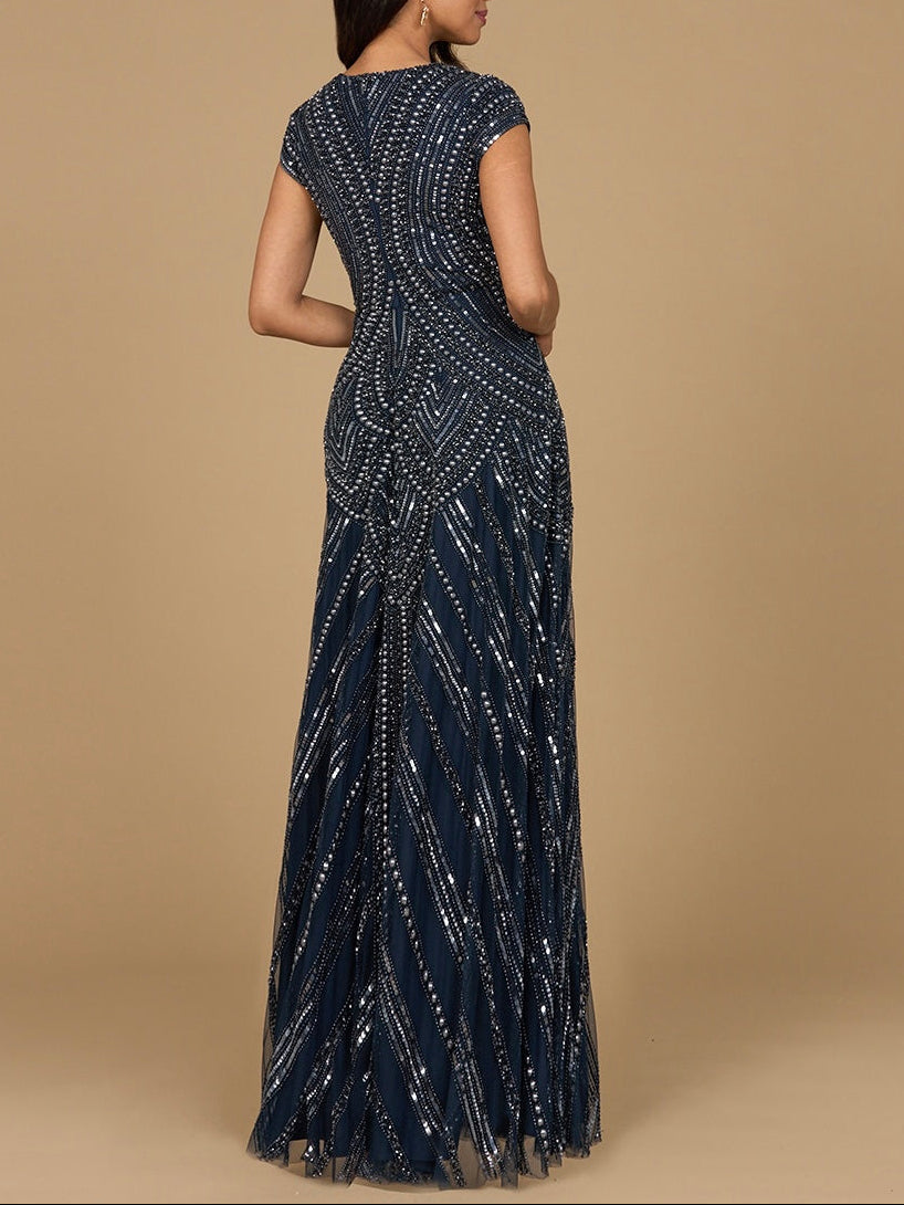 Cap Sleeve Beaded A-Line Gown by Lara New York