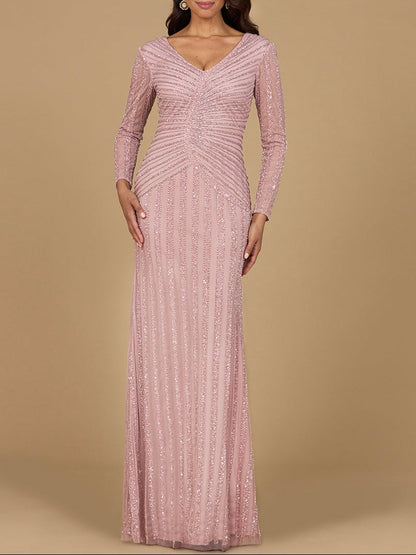 Long Sleeve Linear Beaded Gown by Lara New York