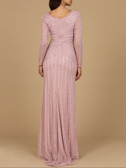 Long Sleeve Linear Beaded Gown by Lara New York