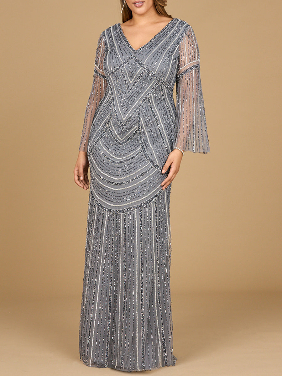 Long Sleeve Beaded Gown with Trumpet Sleeves by Lara New York