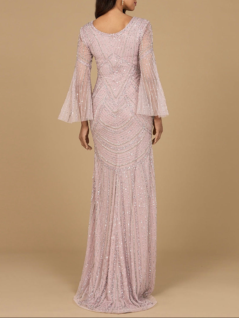 Long Sleeve Beaded Gown with Trumpet Sleeves by Lara New York