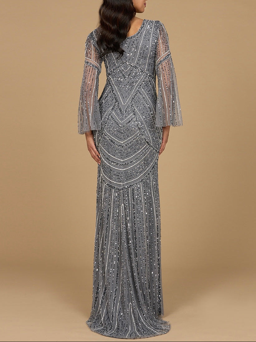 Long Sleeve Beaded Gown with Trumpet Sleeves by Lara New York