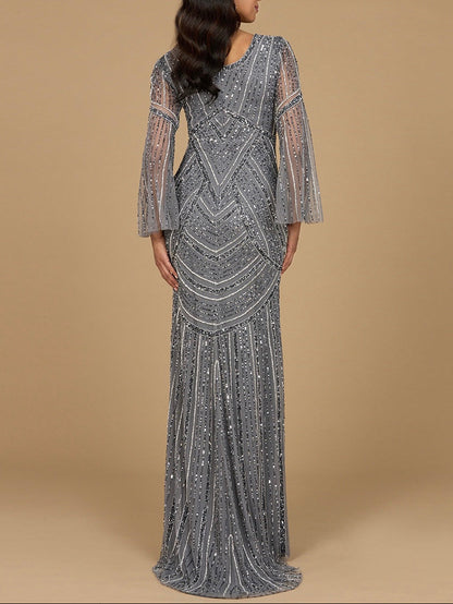 Long Sleeve Beaded Gown with Trumpet Sleeves by Lara New York